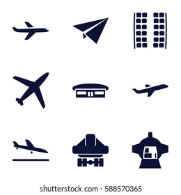 airplane icons set. Set of 9 airplane filled icons such as plane landing, plane seats, airport