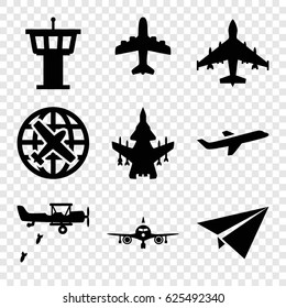 Airplane icons set. set of 9 airplane filled icons such as plane, airport tower, military plane