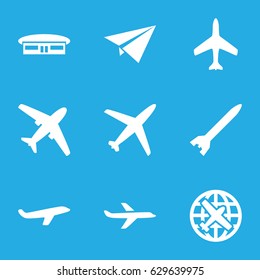 Airplane icons set. set of 9 airplane filled icons such as plane, airport, rocket bomb