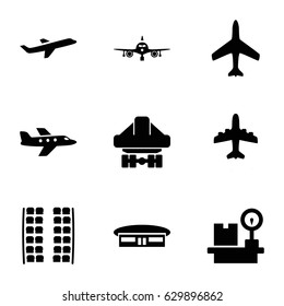 Airplane Icons Set. Set Of 9 Airplane Filled Icons Such As Plane, Plane Seats, Airport, Cargo Plane Back View