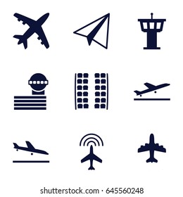 Airplane icons set. set of 9 airplane filled icons such as plane, plane taking off, plane landing