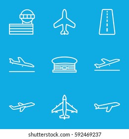 airplane icons set. Set of 9 airplane outline icons such as plane, runway, plane taking off, plane landing, airport