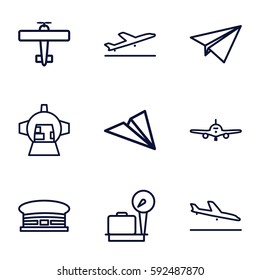 airplane icons set. Set of 9 airplane outline icons such as plane taking off, plane landing, plane, lugagge weight