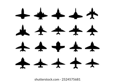 Airplane Icons Set, Black airplane icons. Set of black Plane and Jet silhouette icon, Black airplane icon collection with different angles.