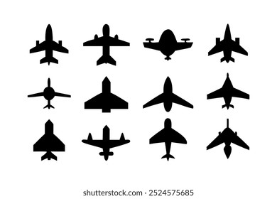 Airplane Icons Set, Black airplane icons. Set of black Plane and Jet silhouette icon, Black airplane icon collection with different angles.