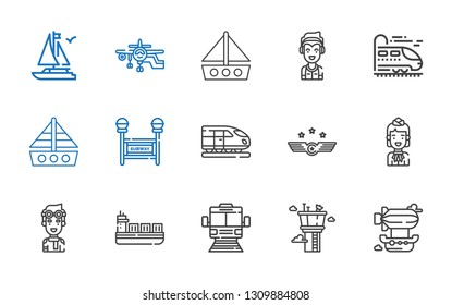 airplane icons set. Collection of airplane with airship, control tower, subway, ship, pilot, stewardess, air force, train, boat, marshall. Editable and scalable airplane icons.