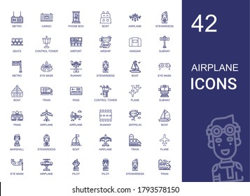 airplane icons set. Collection of airplane with metro, cargo, phone box, boat, stewardess, seats, control tower, airport, airship, hangar. Editable and scalable airplane icons.