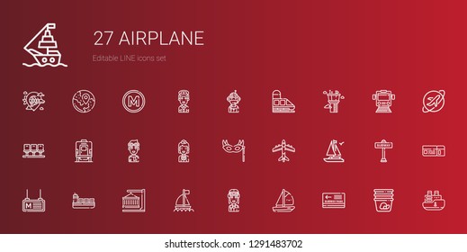airplane icons set. Collection of airplane with pass, boat, pilot, container, ship, metro, eye mask, stewardess, train, seats, control tower. Editable and scalable airplane icons.