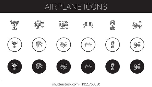 airplane icons set. Collection of airplane with runway, zeppelin, eye mask, pilot. Editable and scalable airplane icons.