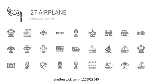 airplane icons set. Collection of airplane with ship, runway, pilot, zeppelin, stewardess, cargo, boat, train, airport, travel, tram, marshall. Editable and scalable airplane icons.