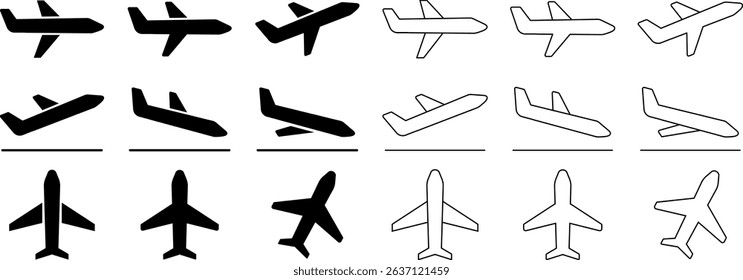 Airplane icons set. Collection of airplane icons in solid and outline style including takeoff, landing, and top views. Perfect for travel apps, signs, and infographics 