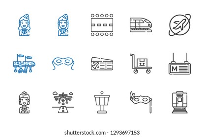 airplane icons set. Collection of airplane with train, eye mask, control tower, runway, stewardess, metro, transportation, plane ticket. Editable and scalable airplane icons.