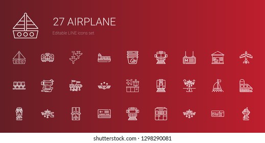 airplane icons set. Collection of airplane with train, pass, runway, pilot, airport, air force, airship, seats, metro, subway, container. Editable and scalable airplane icons.