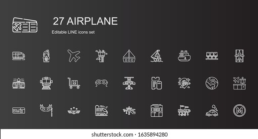 airplane icons set. Collection of airplane with train, air force, eye mask, boarding pass, transportation, subway, tram, ship, boat, metro. Editable and scalable airplane icons.