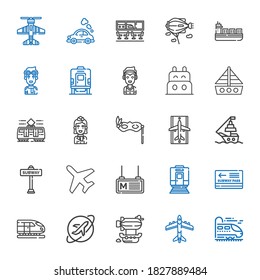 airplane icons set. Collection of airplane with train, airship, travel, pass, metro, plane, subway, ship, runway, eye mask, stewardess, tram. Editable and scalable airplane icons.