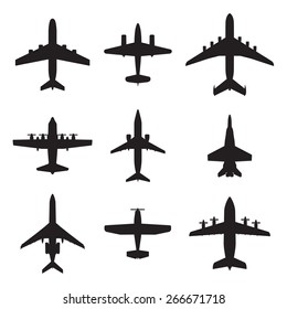 Airplane icons set isolated on white background. Vector silhouettes of passenger aircraft, fighter plane and screw.