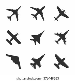 Airplane Icons Set: Passenger Plane, Fighter Plane And Screw. Vector Illustration