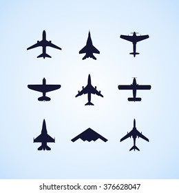 Airplane icons set: passenger plane, fighter plane and screw on blue background. Vector Illustration