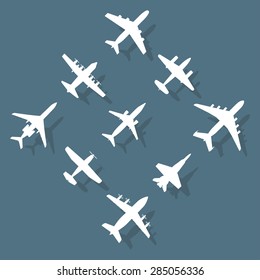Airplane icons set with shadow. Vector silhouettes of passenger aircraft, fighter plane and screw.