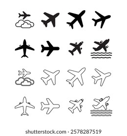 airplane icons set simple clean and smooth line and fill vector icons in black on a white background.
