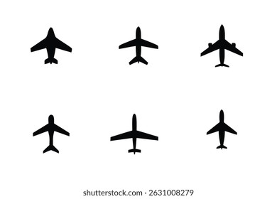  Airplane Icons Six Unique Black Silhouettes for Design Projects - Perfect for Travel, Aviation, and Transportation Themes

