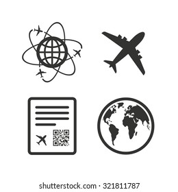 Airplane icons. World globe symbol. Boarding pass flight sign. Airport ticket with QR code. Flat icons on white. Vector