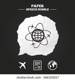 Airplane icons. World globe symbol. Boarding pass flight sign. Airport ticket with QR code. Paper speech bubble with icon.