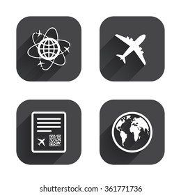 Airplane icons. World globe symbol. Boarding pass flight sign. Airport ticket with QR code. Square flat buttons with long shadow.