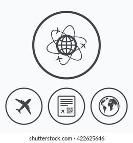 Airplane icons. World globe symbol. Boarding pass flight sign. Airport ticket with QR code. Icons in circles.