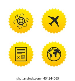 Airplane icons. World globe symbol. Boarding pass flight sign. Airport ticket with QR code. Yellow stars labels with flat icons. Vector