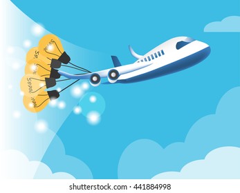 airplane with ideas light bulb in the beautiful blue sky background with copy space
