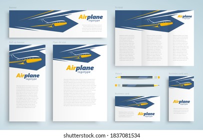 Airplane Identity Set cover flyer, tri-fold, banner, roll up banner, business card vector