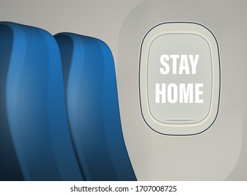 Airplane illuminator with appeal text STAY AT HOME banner. Modern interior Journey vacation. Travel Commercial Aircraft window. Vector illustration