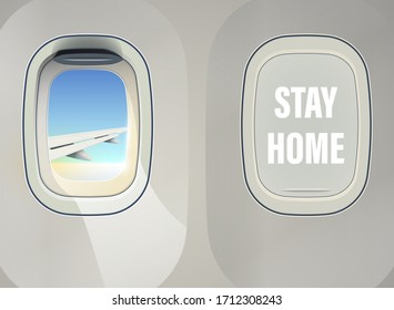 Airplane illuminator with appeal text STAY AT HOME banner. Modern interior Journey vacation. Travel Commercial Aircraft window. Vector illustration