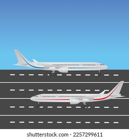 Ilustración del avión. Fondo del cielo azul. Ilustrador de vectores