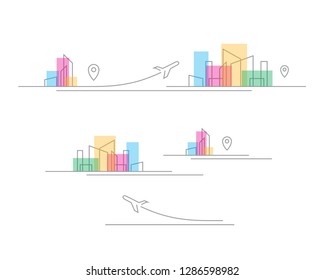 Airplane illustration elements fly takeoff city building towers lines style