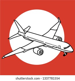 Airplane illustration on red background.