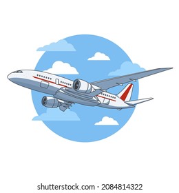 Airplane illustration, view of a flying aircraft. Vector illustration