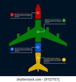 Airplane infograph with template text and numbers
