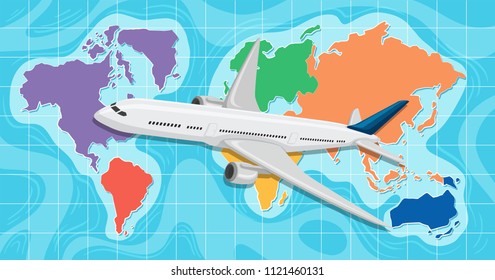 Avión frente a una ilustración de mapa global