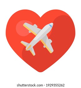 
Airplane inside love heart, flat icon of honeymoon travel