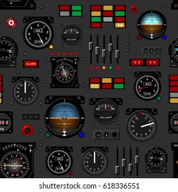 Airplane Instrument Panel. Aircraft Dashboard. Creative Seamless Pattern, Realistic Wallpaper.