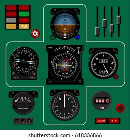 Airplane instrument panel. Aircraft dashboard. Realistic background.