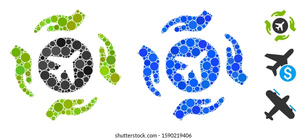Airplane insurance hands composition of circle elements in different sizes and shades, based on airplane insurance hands icon. Vector circle elements are composed into blue collage.