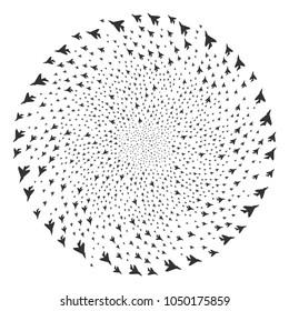 Airplane Intercepter spiral bang. Element whirlpool designed from scatter airplane intercepter symbols. Vector illustration style is flat iconic symbols.