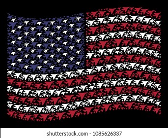 Airplane intercepter symbols are grouped into waving United States flag stylization on a dark background. Vector concept of America state flag is designed with airplane intercepter elements.