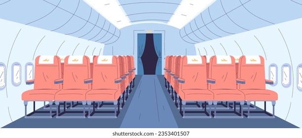 Airplane interior. Aircraft seat aisle inside cabin plane, travel aeroplane board flight empty salon with chair and window of air fly bus jet, vector illustration of plane economy civil illustration