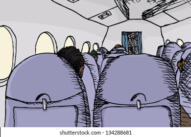 Airplane interior cartoon from back seat view