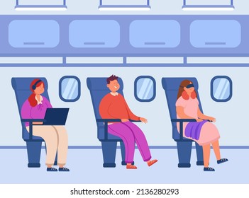 Airplane interior with cartoon passengers in seats. People on airline plane, air travel, trip flat vector illustration. Tourism, journey, transportation concept for banner or landing web page