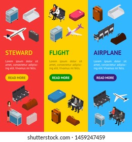 Airplane Interior Elements with People Banner Vecrtical Set Isometric View Include of Plane Seat, Staff and Passenger. Vector illustration of Jet